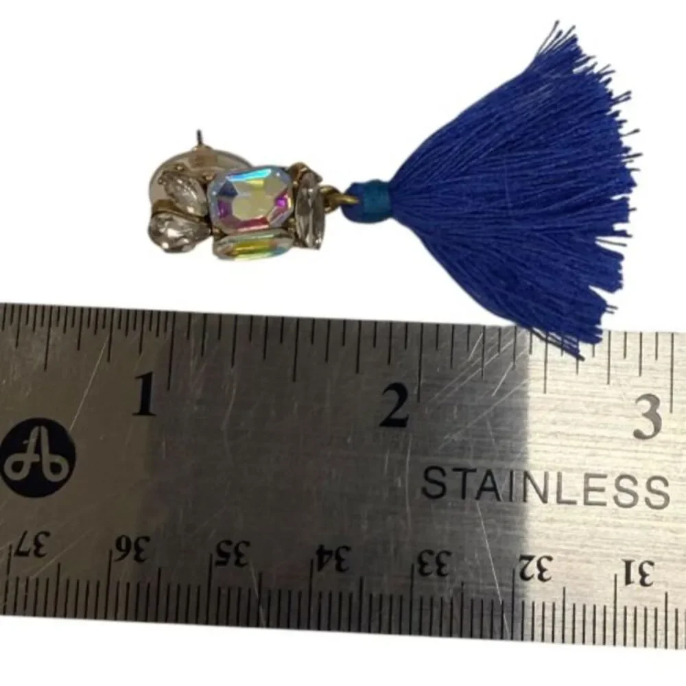 J. Crew Royal Blue Tassel Iridescent Aurora Borealis Crystal Statement Earrings